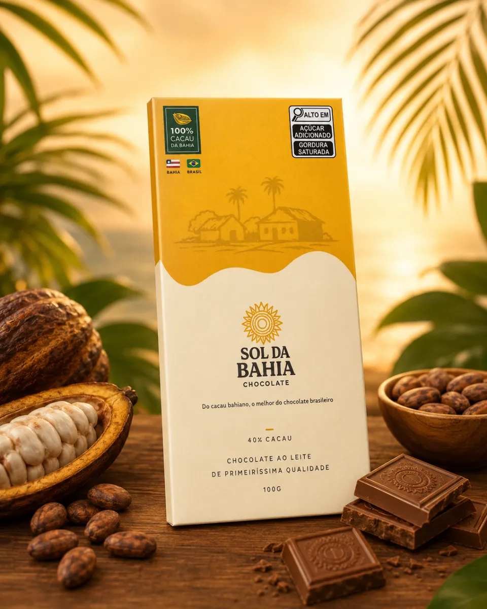 Chocolate Sol da Bahia ao leite 40% cacau com embalagem original amarela e creme