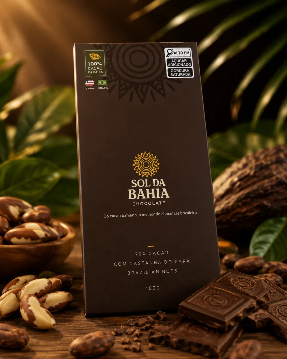 Chocolate Sol da Bahia 70% cacau com castanha do pará e embalagem escura original